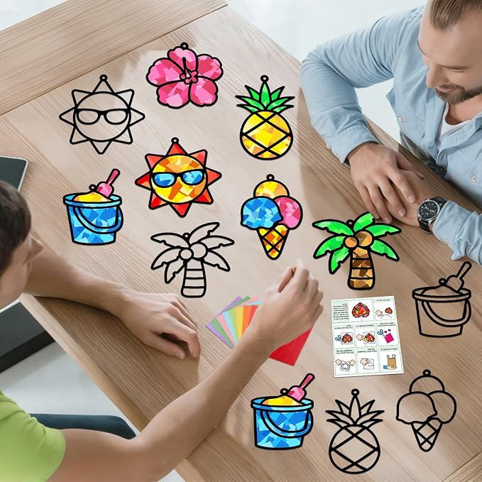 Qyeahkj 36 Sets Summer Suncatchers Crafts for DIY Summer Beach Fruit Tissue Paper Craft Kit Hawaiian Tropical Stained Glass Effect Window Ornaments Decoration for Home Art Project Party Favor Gift