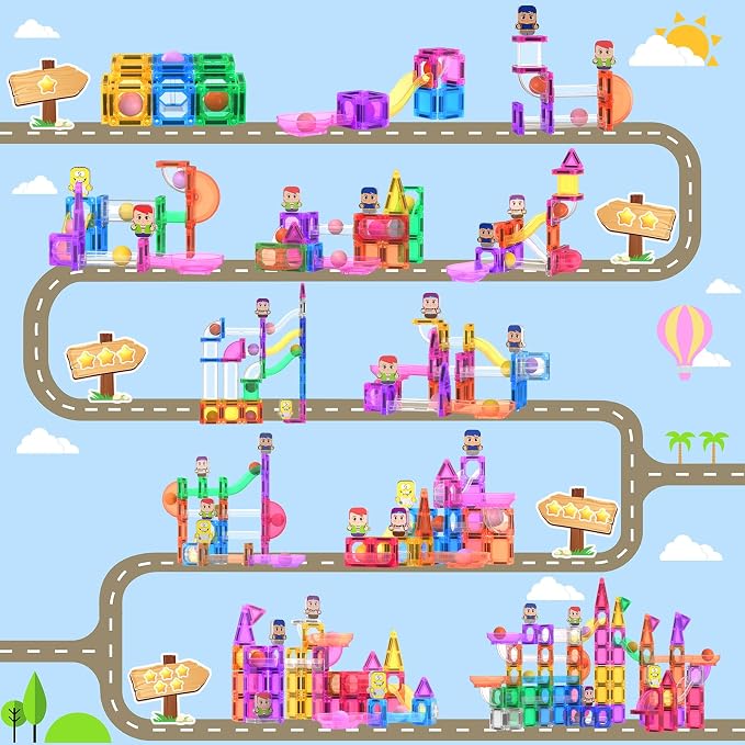 112 Pieces Mini Magnetic Tiles Building Toys for Kids Ages 4-8 Boys Girls | Zerxpho Magnetic Tiles with Rolling Balls and Cartoon Characters Imagination to Create a 3D World, STEM Learning Toys Gift