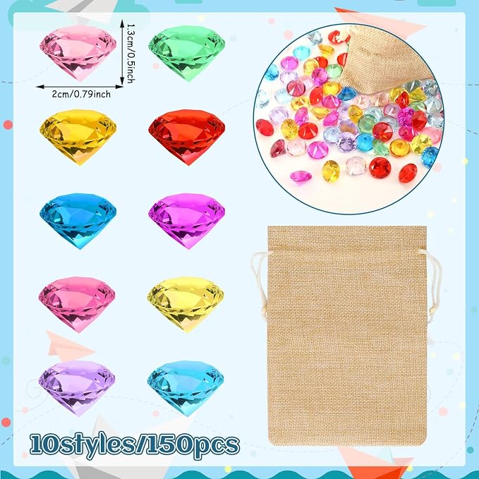 150 Pcs Pirate Treasure Gems Toys Acrylic Diamonds Diving Jewels | Plastic Fake Gemstones, Summer Pool Dive Water Toy, Sensory Bin Filler, Pirate Party Favors Decorations, Treasure Hunt Games