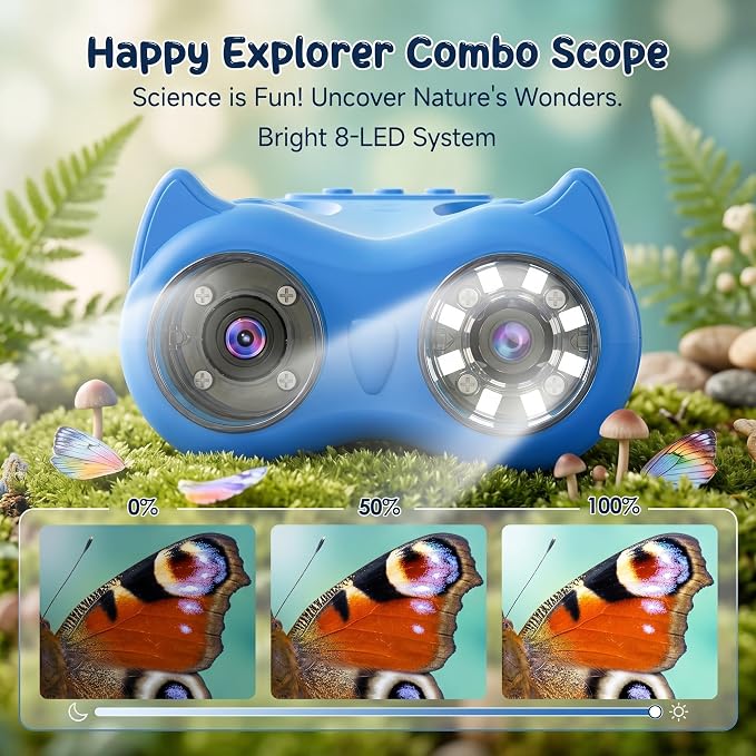 2-in-1 Kids Microscope and Telescope, 1000X Handheld Digital Microscope for Kids, 2.0" Screen, 8 LEDs, 10X Pocket Telescope for Outdoor, 1080P Camera STEM Toys Gifts for Boys Girls 4-12, Blue
