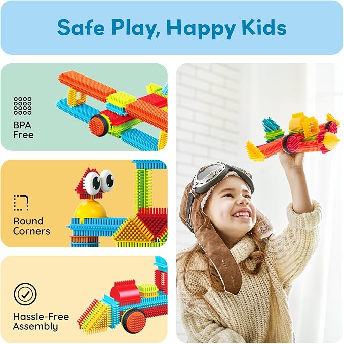 PicassoTiles 240 Piece Hedgehog Bristle Blocks 3D STEM Building Toy Ages 3+ | Easy angle-to-angle connections, vivid colors, creative exploration, spatial reasoning, fine motor skills, solo or group play