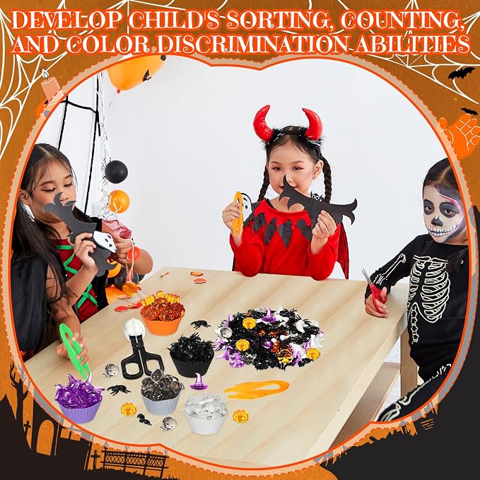 Jenaai 154 Pcs Halloween Sensory Bin Fillers Fine Motor Toys Sorting Games | Halloween Sensory Bin Counting Items, 2 Kids Tweezers 140 Spider Bat Skull Vase Fillers, 10 Sorting Cups 2 Scissor Clips