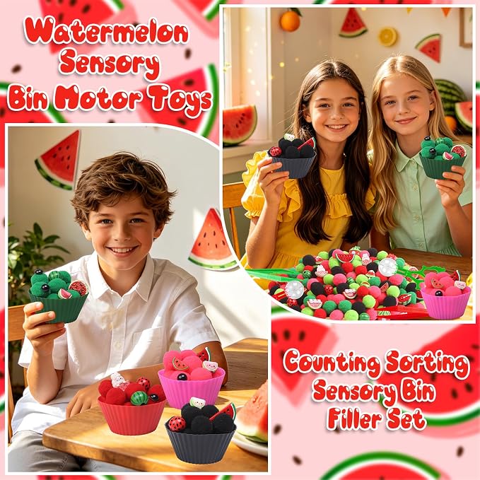 Watermelon Sensory Bin Filler-301Pcs Summer Fruit Fine Motor Sensory Bin Item Includes Tweezers Scissor Pom Poms Watermelon Resin for Summer Decor Counting Motor Skills Development