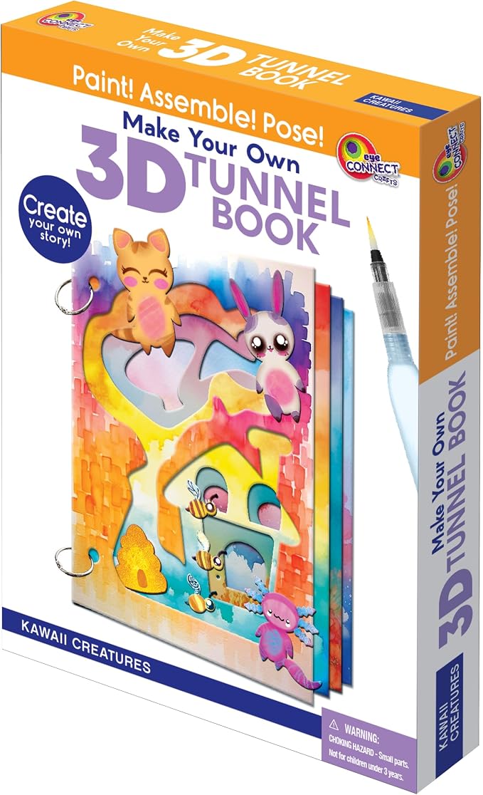 EyeConnect Crafts Kawaii Mini 3D Tunnel Book – Hands-on Paper Craft Kit | Build, color & create a pop-in book! Mini animals, watercolor pastels & water brush included. Portable, screen-free fun! 3+