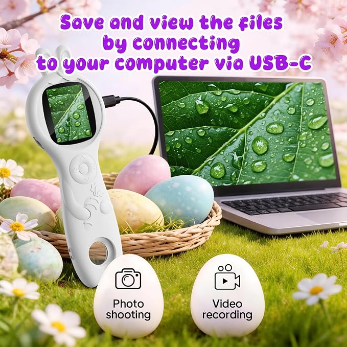 Children's Handheld Electronic Magnifying Glass, White Rabbit-Shaped Science Educational Microscope Kit, STEM Educational Toy for Kids Ages 5–10 Birthday Gift for Boys & Girls