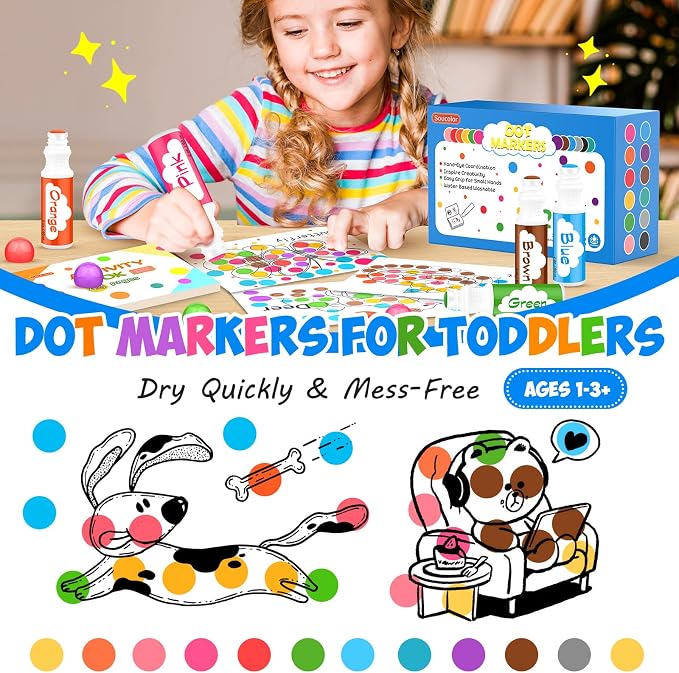 Soucolor 96-Pack Washable Dot Markers for Kids & Toddlers 8 Vibrant Colors | Bingo Daubers, Preschool Arts & Crafts, Classroom Supplies,Paint Dabbers for Endless Creative Fun,Non-Toxic
