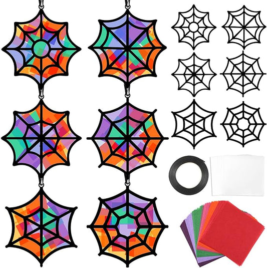 Qyeahkj 36 Set Halloween Spider Web Suncatchers Crafts DIY Hanging Spider Web Tissue Paper Crafts Kit Window Art Ornaments Decor for Halloween Activity Art Project Party Favor Gift