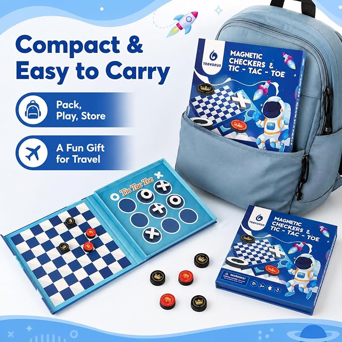 TRAVOFUN Magnetic Checkers Board Game | Travel Games for Kids 8-12 | Foldable travel checkers game with tic-tac-toe keeps magnetic pieces secure for car rides, flights, camping, and family play.