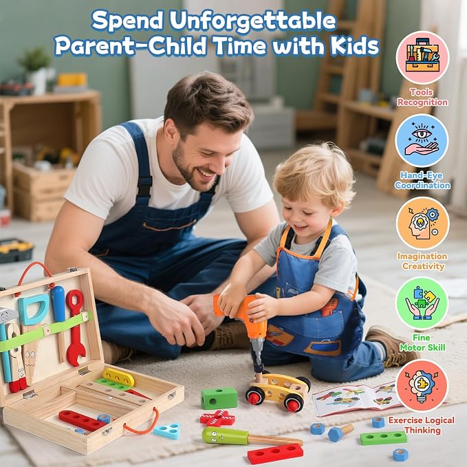 Wooden Kids Tool Set with Drill, Montessori Toys for 3 Year Old Boys | 44 Pcs with Apron & Box Easy Storage STEM Tool Set for Pretend & Fine Motor Skills Birthday Gifts for 3 4 5 Year Old Boy Girl