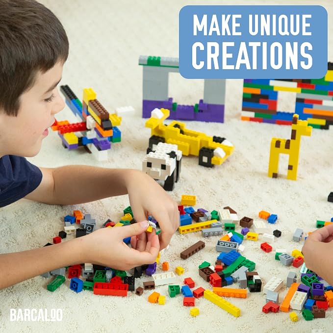 Barcaloo 1000 Piece Building Bricks Kit - Classic Colors, Axles Included | Includes Storage Bucket, Includes Wheels & Tires, Windows & Doors Pieces, Compatible with All Major Brands