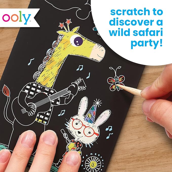 Ooly Mini Scratch & Scribble Art Kit, 6 Cards – Safari Party | Ages 6+, Wooden Stylus Included, Compact Car and Airplane Travel Activity, Screen-Free Craft, Fun Gift for Kids