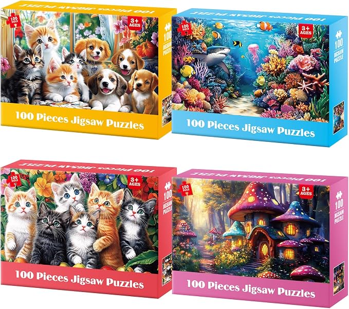 4 Packs 100 Piece Puzzles for Kids Ages 4-6 6-8 8-10, Cats Dogs Sea World Mushroom Large Piece Puzzle for Seniors 100 Pieces Adults Jigsaw Puzzle Learning Educational Xmas Toys for Boys and Girls