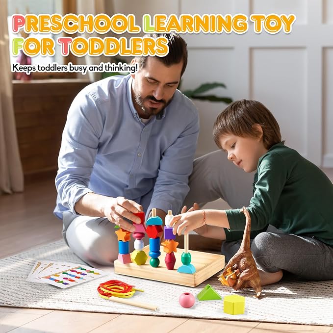 Montessori Wooden Toys, Lacing Beads & Stacking Block & Matching Shape Stacker, Montessori Wooden Beads Sequencing Toy Set, STEM Preschool Learning Toy Birthday Gift for 2 3 4 Year Old Toddler Gifts