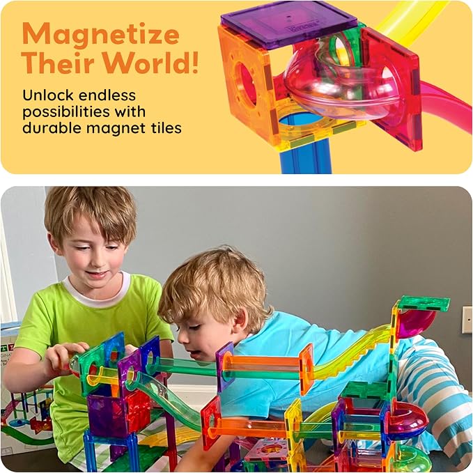 PicassoTiles 100 Piece Marble Run Magnetic Tiles Race Track STEM Ages 3+ | BPA-free ABS plastic, reinforced edges, curved slopes and U-turns, steel balls included, open-ended maze layouts, shared play
