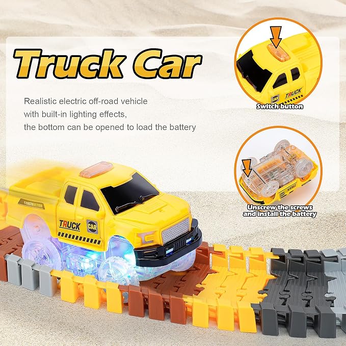 Coroiesty 157 PCS Construction Race Tracks for Kids with 360° Loop Ramp | Glow in The Dark Magic Toy Set, 1 Light Up Car, 3 Construction Cars, Flexible DIY Track Set, Gift for 3-9 Year Old Boys Girls