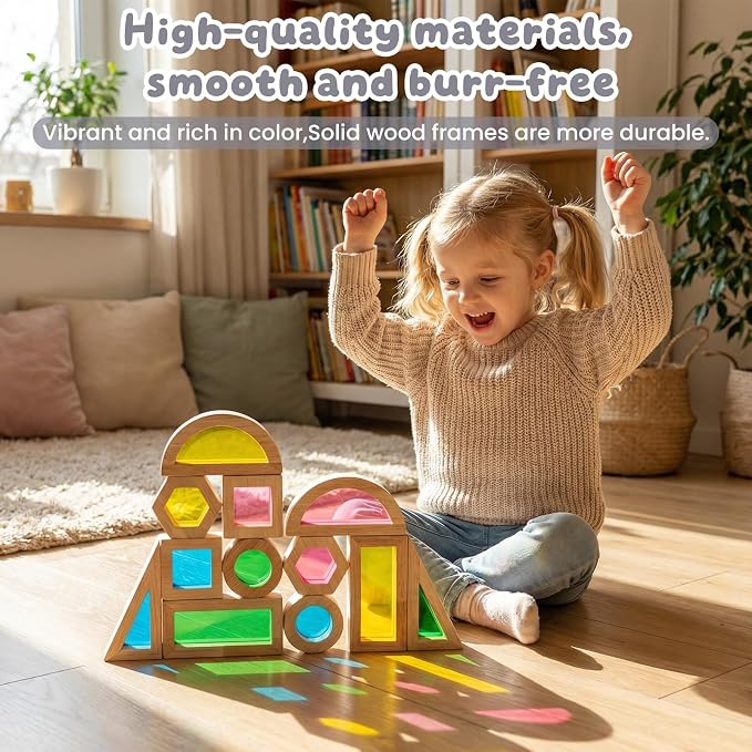 WOODENFUN Wooden Building Blocks Set for Kids, 12 Pcs Rainbow Stacker Game | Stacking Construction Toys Set Preschool Colorful Learning Educational Toys, Geometry Blocks for Boys Girls Birthday Gift