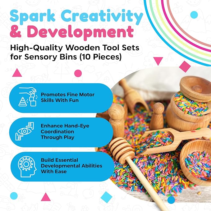 Child-Sized Wooden Tool Set for Sensory Bin, 10-Pieces | Montessori Sensory Toys for Developing Fine Motor Skills, Premium Birch or Maple Hardwood Wooden Toys, Bin Scoops and Tools