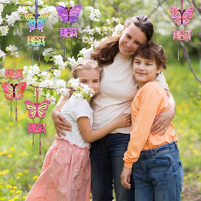 Fennoral 12 Pack Butterfly MOM Wind Chime Kit for Kids Make You Own Mother's Day Craft Kit DIY Coloring Wooden Art and Craft for Mom's Birthday Decoration from Son Daughter