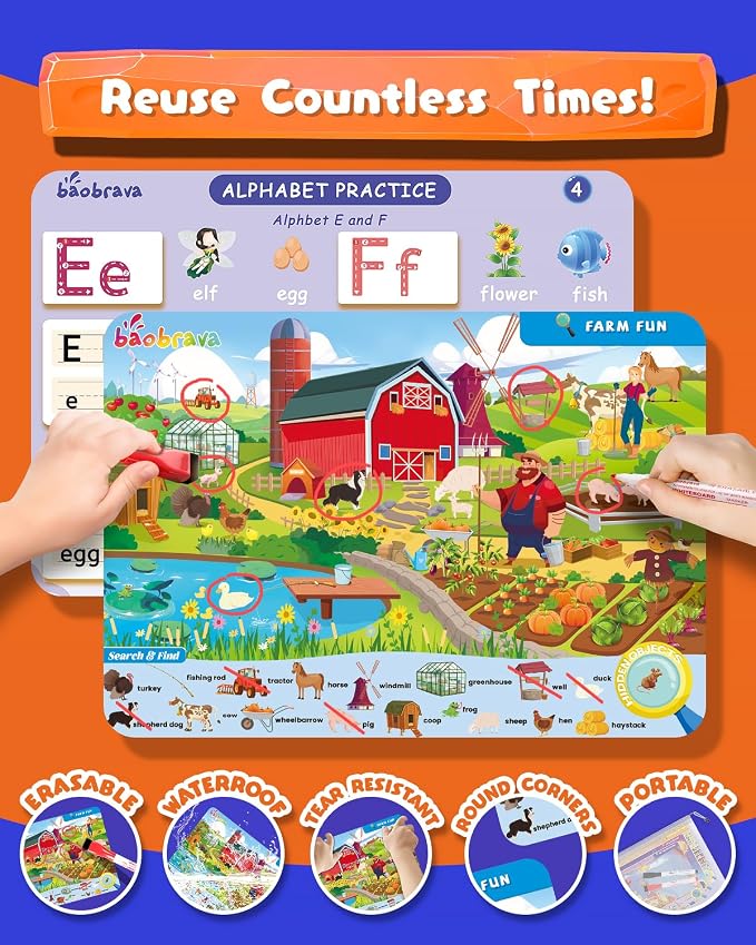 Baobrava Search and Find Book and Handwriting Practice Books Set | More Than 50+ Preschool Learning Activities for Toddler and Kids 3-8, Travel Games for Road Trip Car Airplane