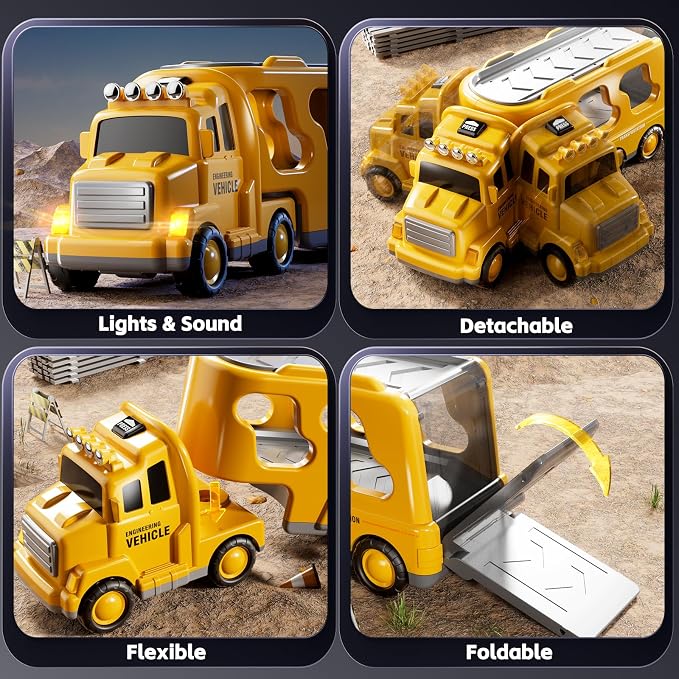 5-in-1 Construction Trucks Toys for 3 4 5 Years Old Boys | Carrier Transport Vehicle Truck for Toddlers 3-4 Years with Crane, Mixer, Pushdozer and Excavator, Car Toys Birthdays Gift