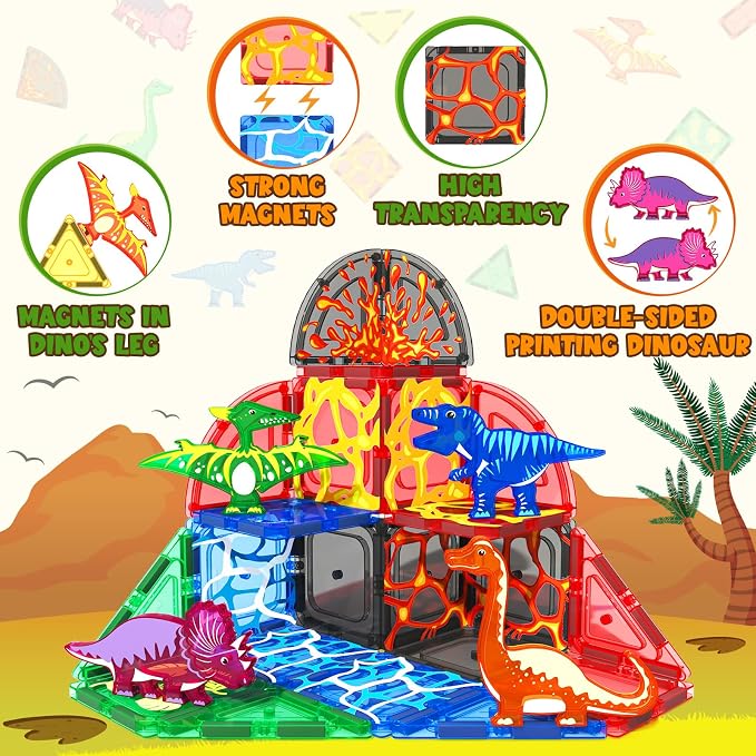 Magnetic Tiles Lava Dinosaur Toys Magnetic Blocks Building Set for Kids 3+ | Dinosaur Toys for Kids 3-5 5-7 6-8, Toddler Sensory Toy for Boys and Girls, Christmas Birthday Gifts, Classroom Must Haves