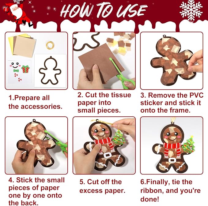 36 Set Christmas Gingerbread Suncatchers Craft Kit for Kids Christmas Tissue Paper Sun Catchers Bulk DIY Your Own Gingerbread Man Hanging Ornament for Xmas Holiday Party Home School Classroom Activity