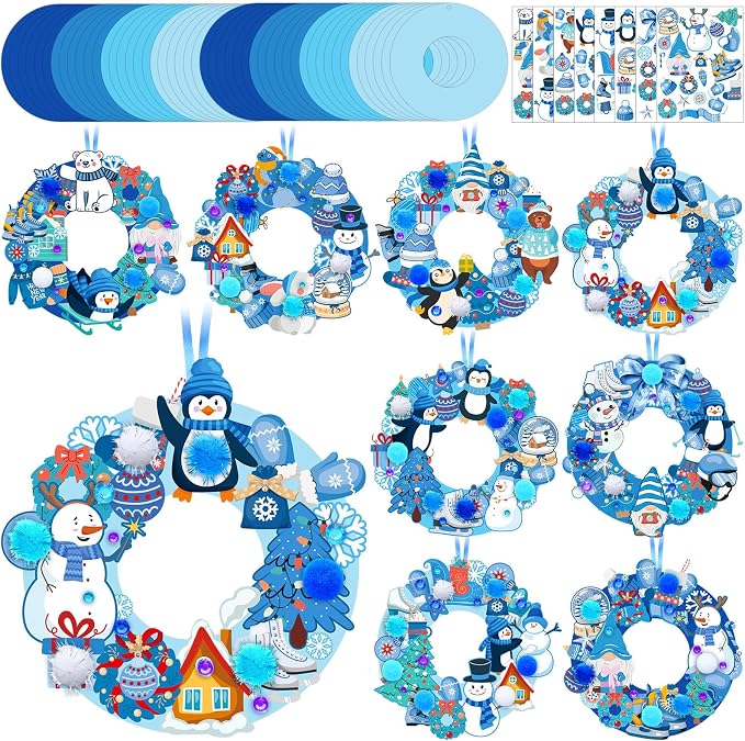 Hollowfly 48 Sets Winter Wreath Craft Kits, DIY Snowflake Snowman Decor | Blue Foam Bases with Snowflake Ornaments, Snowman Stickers for Kids Winter Party Favors, Holiday Classroom Group Activities