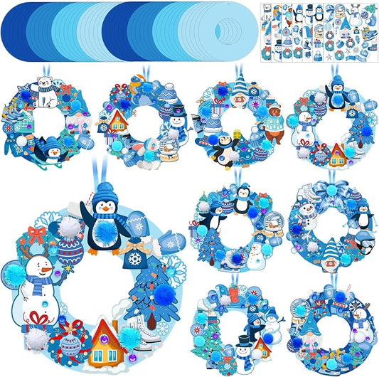 Hollowfly 48 Sets Winter Wreath Craft Kits, DIY Snowflake Snowman Decor | Blue Foam Bases with Snowflake Ornaments, Snowman Stickers for Kids Winter Party Favors, Holiday Classroom Group Activities