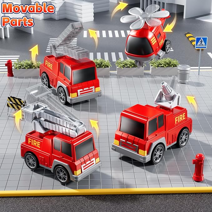 Fire Truck Toys for Toddler 3-5, 5-in-1 Fire Car Carrier | Vehicle Set for Boys Girls 3 4 5 6 Years Old, Transport Car with Light Sound, Birthdays Gifts for Kids Girls Aged 3-9