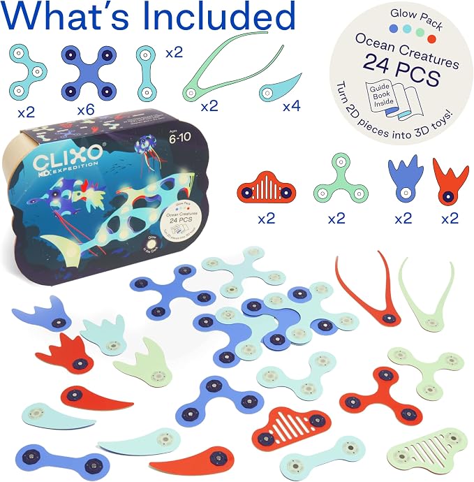Clixo Ocean Creatures Pack, Glow in the Dark STEAM Magnet Toys(24 Pc, 6+) | Build sharks and deep-sea life! Sensory open ended toys for screen-free play. Magnetic STEAM building games & kids gift sets.