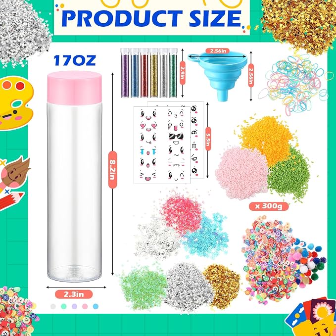 Baderke 10 Set Sensory Bottles Kits Valentine's Day Party Supplies Empty Plastic Bottles Funnel Rice Stars Sequins Clay Slices Stickers Glitter Powder Colored Foam Balls for DIY Art Fun Crafts
