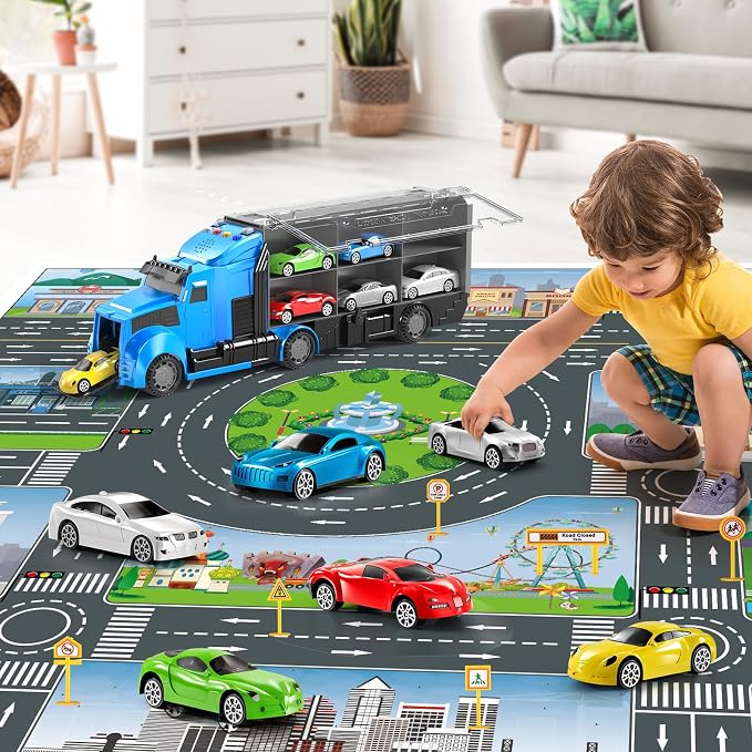 NIPLOOOW Racing Trucks Toy Set with Play Mat, Carrier Truck Play Vehicles Set for 3 4 5 6 Years Old Boys Kids, Die-Cast Car Toy for Toddlers 3-4 Years, Birthday Gifts Toys for 3-9 Year Old Boys