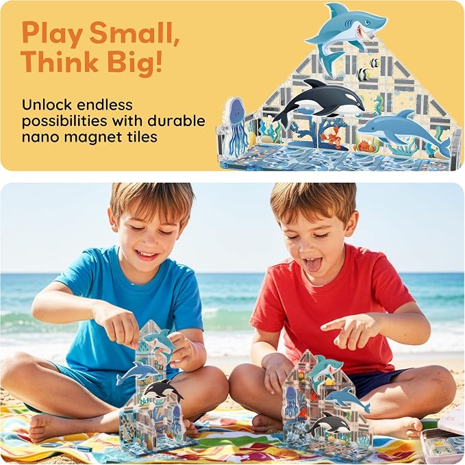 PicassoTiles Magnetic Tiles Aquarium Marine Animal Nano Construction Travel Set with Tin Storage Case Montessori Mini Magnet Tile Traveling STEM Activity Kit Early Learning Boys Girls Ages 3+ PNQ01
