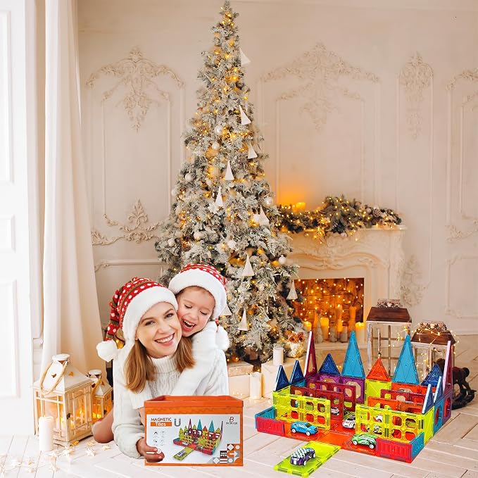 BUBUQE Magnetic Tiles Parking Building Playset with 10 Pull-Back Metal Cars for Kids Construction STEM Toy Preschool Creativity Learning Birthday Gift for Girls Boys Toddlers 3 4 5 6 7 8