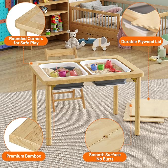 FUNLIO Foldable Wooden Sensory Table with 2 Bins & 1 Foldable Chair for Toddlers, Kids Sensory Table with Anti-Warping Plywood Lid, Indoor/Outdoor Play Sand and Water Set, CPC Certified