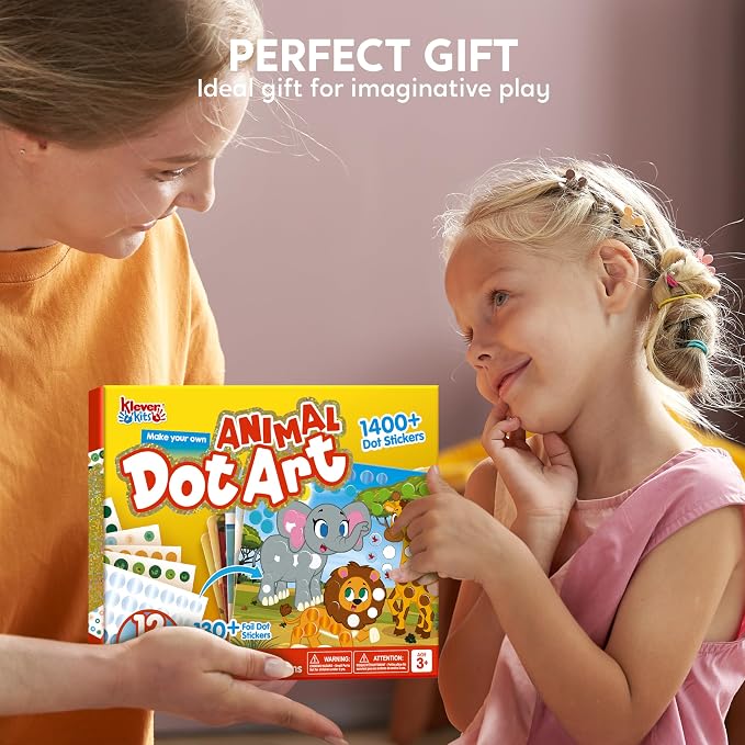 Klever Kits Dot Art Kit for Kids, No Mess Sticker for Kids 3-7, Craft Kits, DIY Creative Activity, Travel Toy, Birthday Gifts for Boys Girls (Animal)