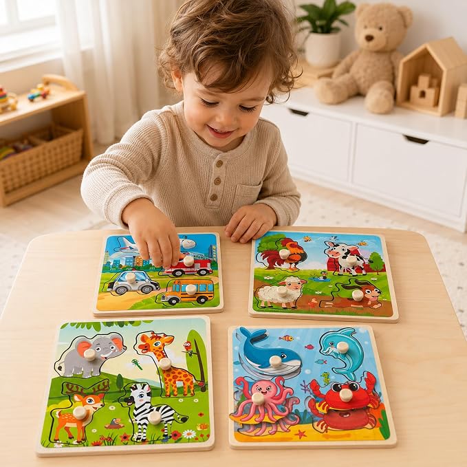 Wooden Peg Puzzle Set for Toddlers, 4 Pack Animal Vehicle Ocean Farm Puzzles, Montessori Wooden Puzzles for Ages 2-4, Preschool Learning Toys for Fine Motor Skills, Gifts for Boys Girls 1 2 3 4