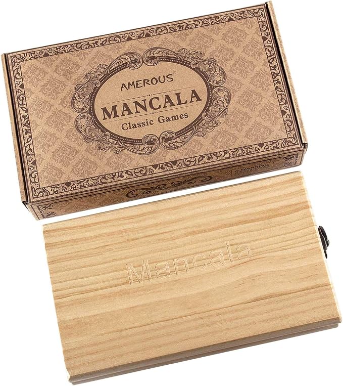 AMEROUS Wooden Mancala Board Game Set - Folding Board - Multi Color Glass Stones - Gift Package - Mancala Instructions, Portable Travel Board Game for Kids and Adults