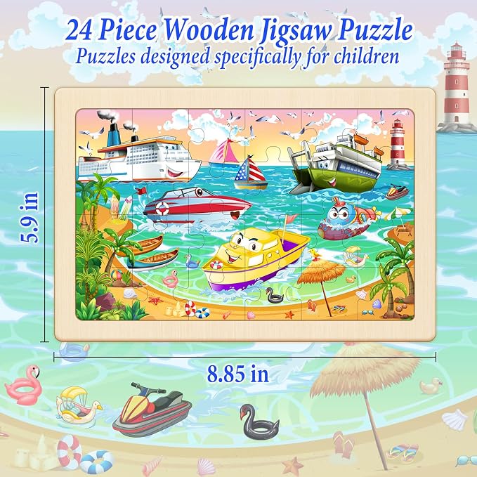 Wooden Puzzles for Kids Ages 4-6, 4 Pack 24 Pcs Toddler Puzzles Set for Ages 3-5, Educational Learning Toys Gift for Boys Girls 3-8 (City Traffic, Airport, Construction, Ocean Cruise)