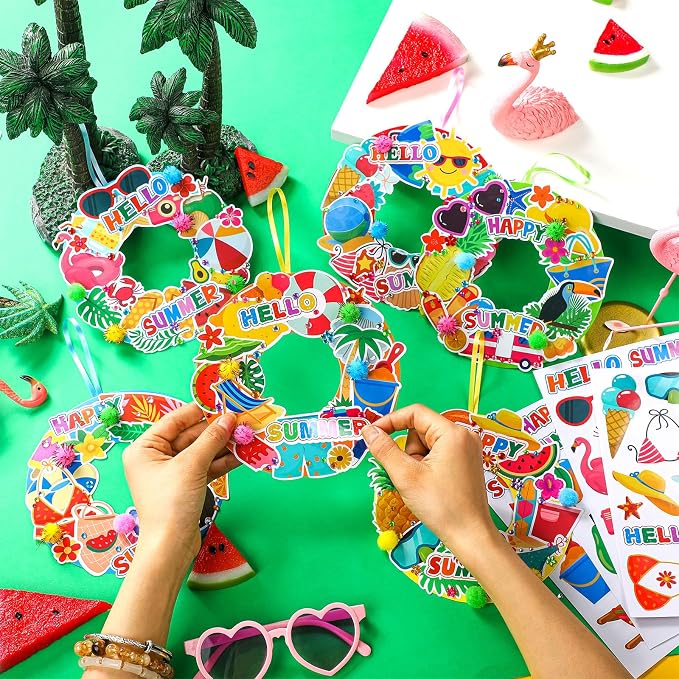 Hollowfly 48 Sets Summer Wreath Craft Kits DIY Paper Hanging Ornaments | Kids Summer Crafts, Door Wreath Decorations for Party Favors, Colorful Paper Rings, Tropical Fruit Flamingo Stickers