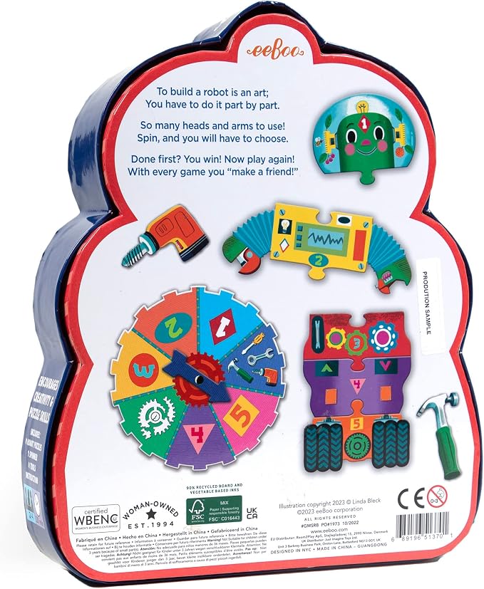 eeBoo Build a Robot Spinner Game, Matching Game, Ages 3+, 2-4 Players | Introduces early number recognition & imaginative play. Includes spinner & robot building pieces. 15-30 min game
