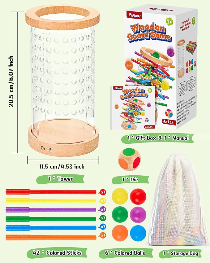 Wooden Board Games for Kids 3-8 Montessori Toys Fine Motor Skills Toy Dice | 42 Non-slip Sticks, 3-Min Quick Setup, Clear Interior View, Wooden Stick Game Color Matching, CPC-Certified, Ages 4–6 Gift