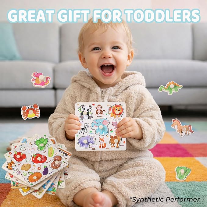 Wooden Puzzles for Toddlers 1-3, 8 Pack Peg Puzzles for Kids with Animals, Dinosaurs, Fruits, Vegetables, Educational Preschool Learning Toys, Birthday Gifts for Boys, Girls
