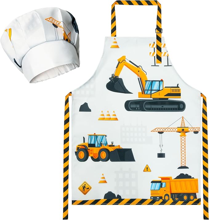 R HORSE 2 Pieces Kid Apron and Chef Hat Set, Dress up Role Play Chef Toy | Vehicle Car Children Kitchen Apron with Pockets for Boy, Ideal for Cooking, Baking, Painting, Cooking Birthday Gifts