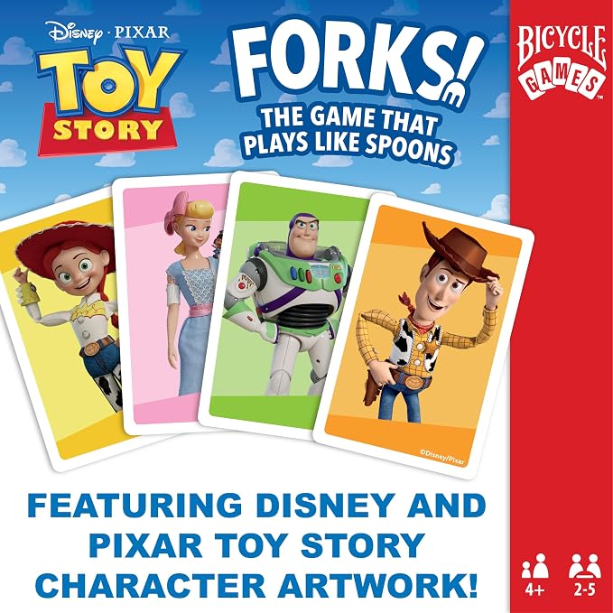 Bicycle Spoons Featuring Forky from Toy Story, Kids Card Game, Featuring Disney and Pixar Characters Woody, Buzz Lightyear, Forky, Bo Peep & Alien, Ages 4+, Toy Story Birthday Gift, 2-5 Players