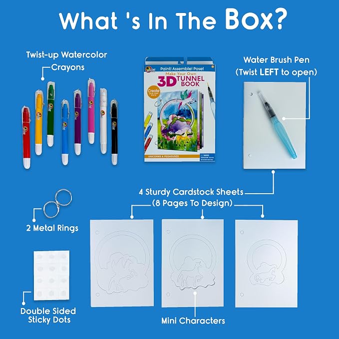 Unicorns & Pegasus Mini 3D Tunnel Book – Hands-on Paper Craft Kit | Build, color & create a pop-in book! Mini animals, watercolor pastels & water brush included. Portable, screen-free fun! 3+