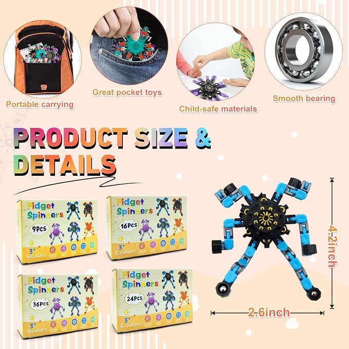 36PCS Transformable Fidget Spinner,Funny Stress Relief Sensory Fidget Toys | Deformable Chain DIY Robot Fingertip Gyros Toy Halloween Party Favors Stocking Stuffers Prizes for Kids Classroom