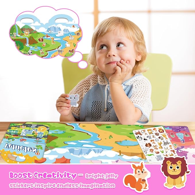 Sticker Books for Toddlers 2-4 Years, 5 Sets Reusable Sticker Books for Toddlers 1-3, Jelly Toddler Stickers Travel Toys for Ages 2+ Kids Boys Girls, Encourages Creativity, Focus, Fine Motor Skills