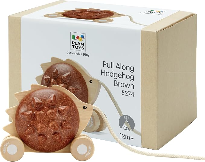 PlanToys® Wooden Pull Along Hedgehog Montessori Toddler Walking Kids Set | rolling wheels, toddler pull toys, sound design, girls, boys, gross motor balance & coordination learning gift for kids