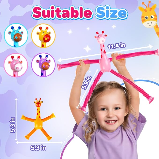 Giraffe Sensory Travel Toys 4Pcs for Road Trip Car Ride Airplane Toddler Girl Year Old Ages 3 4 5 6 7 8, Suction Autism Pop Tube Fidget Toy Autistic Valentines Day Stocking Easter Basket Stuffer Gift
